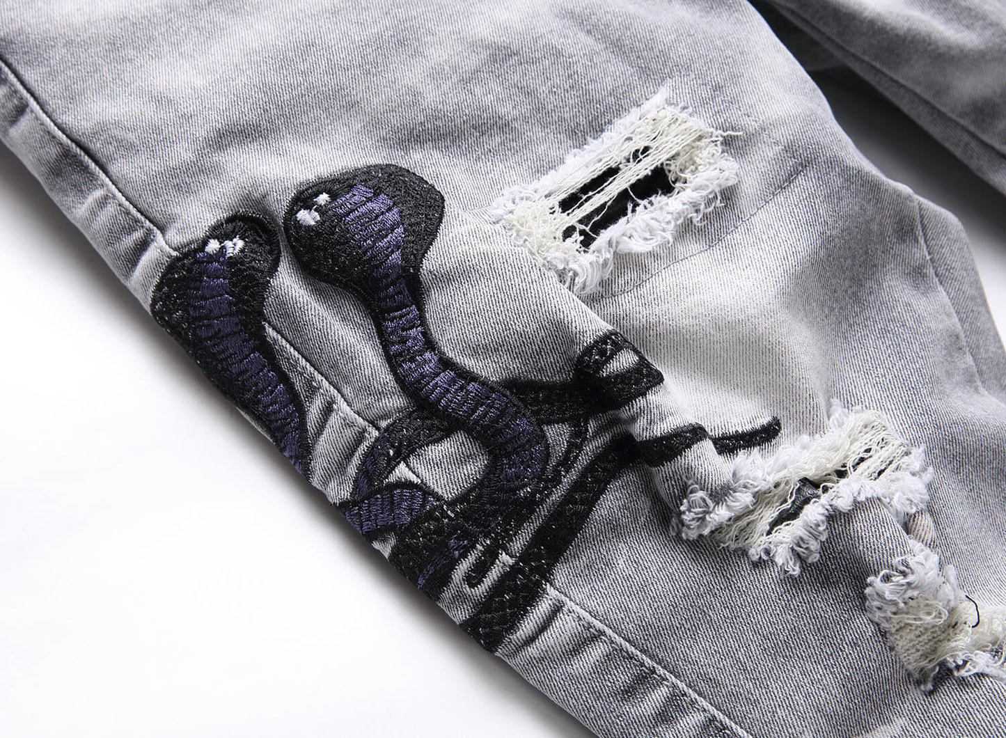 Mens Stretch Ripped Embroidered Jeans