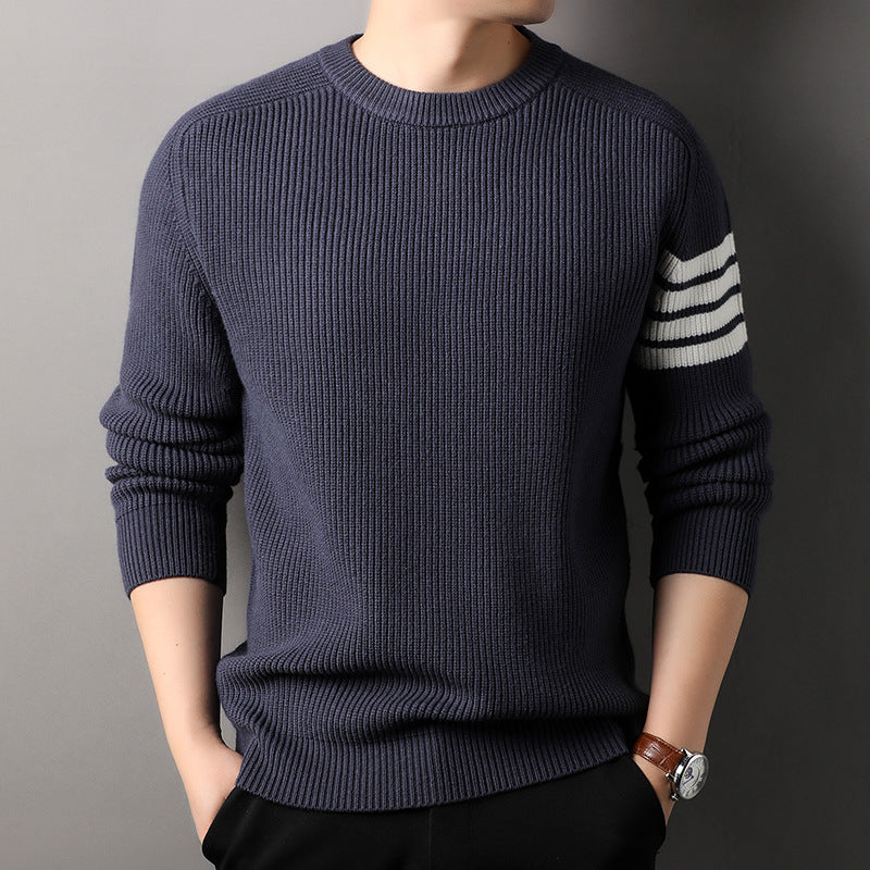 Mens Striped Knit Sweater Round Neck Long Sleeve