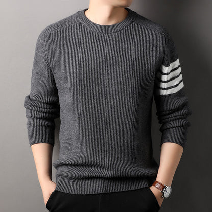 Mens Striped Knit Sweater Round Neck Long Sleeve