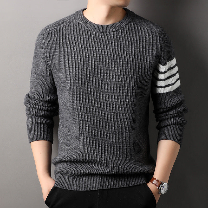 Mens Striped Knit Sweater Round Neck Long Sleeve