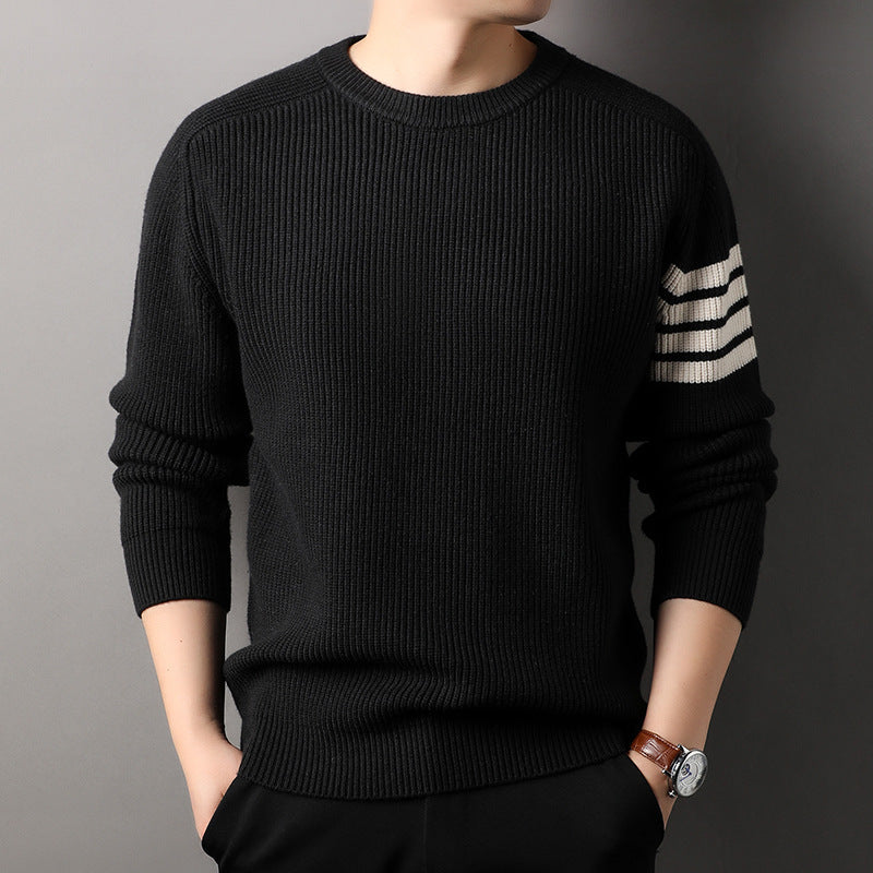 Mens Striped Knit Sweater Round Neck Long Sleeve