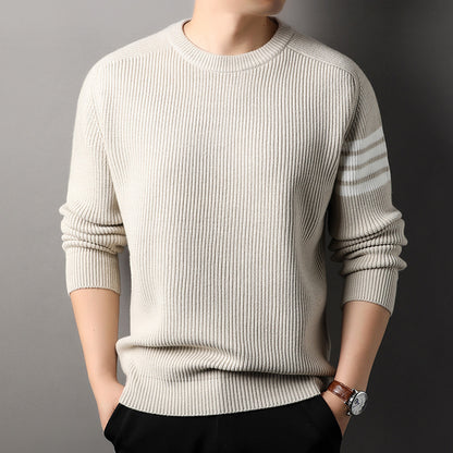 Mens Striped Knit Sweater Round Neck Long Sleeve