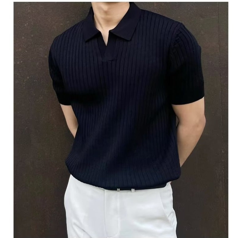 Mens Striped V-Neck Polo Shirt