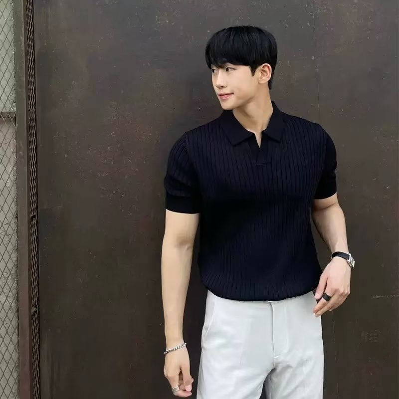 Mens Striped V-Neck Polo Shirt