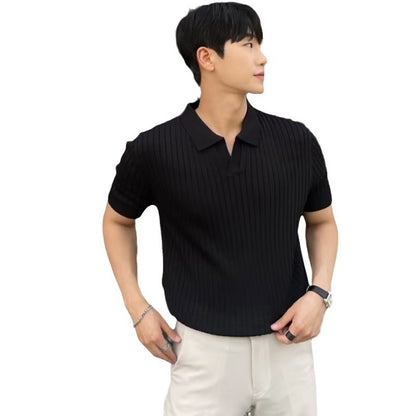 Mens Striped V-Neck Polo Shirt