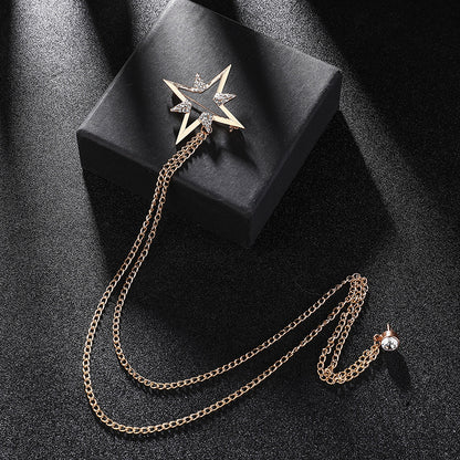 Mens Suit Brooch Wedding Collar Pin Long Chain Corsage