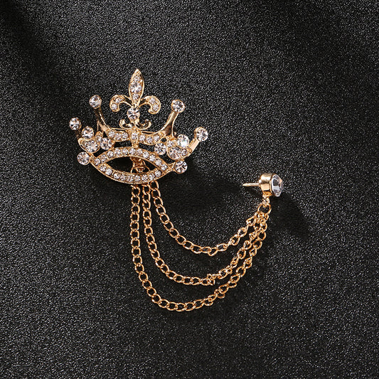 Mens Suit Brooch Wedding Collar Pin Long Chain Corsage