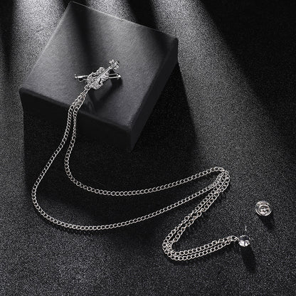 Mens Suit Brooch Wedding Collar Pin Long Chain Corsage