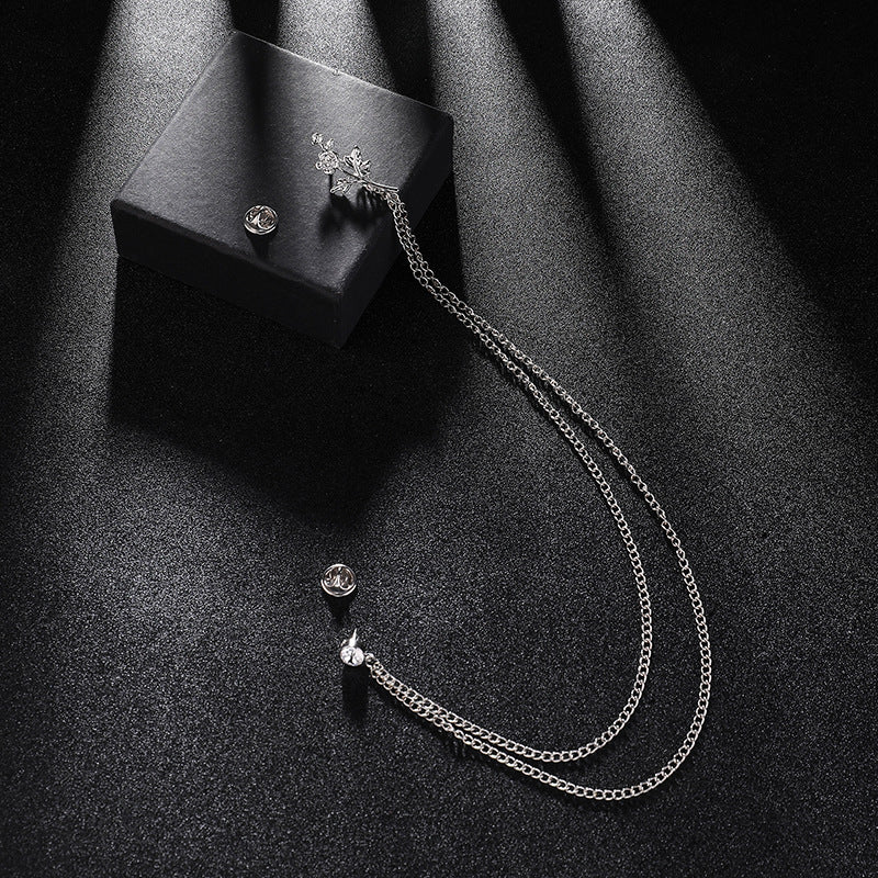 Mens Suit Brooch Wedding Collar Pin Long Chain Corsage