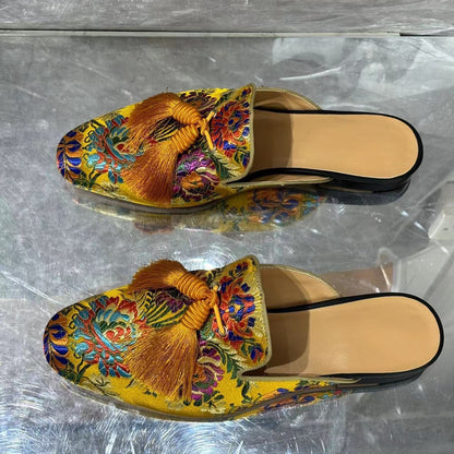 Mens Tassel Embroidery Sheepskin Lined Slippers