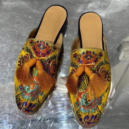 Mens Tassel Embroidery Sheepskin Lined Slippers