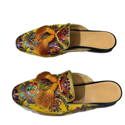 Mens Tassel Embroidery Sheepskin Lined Slippers