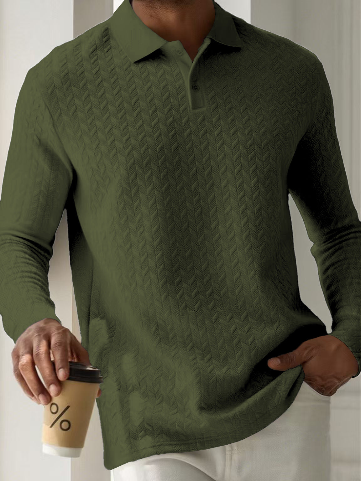 Mens Textured Long Sleeve Polo Shirts