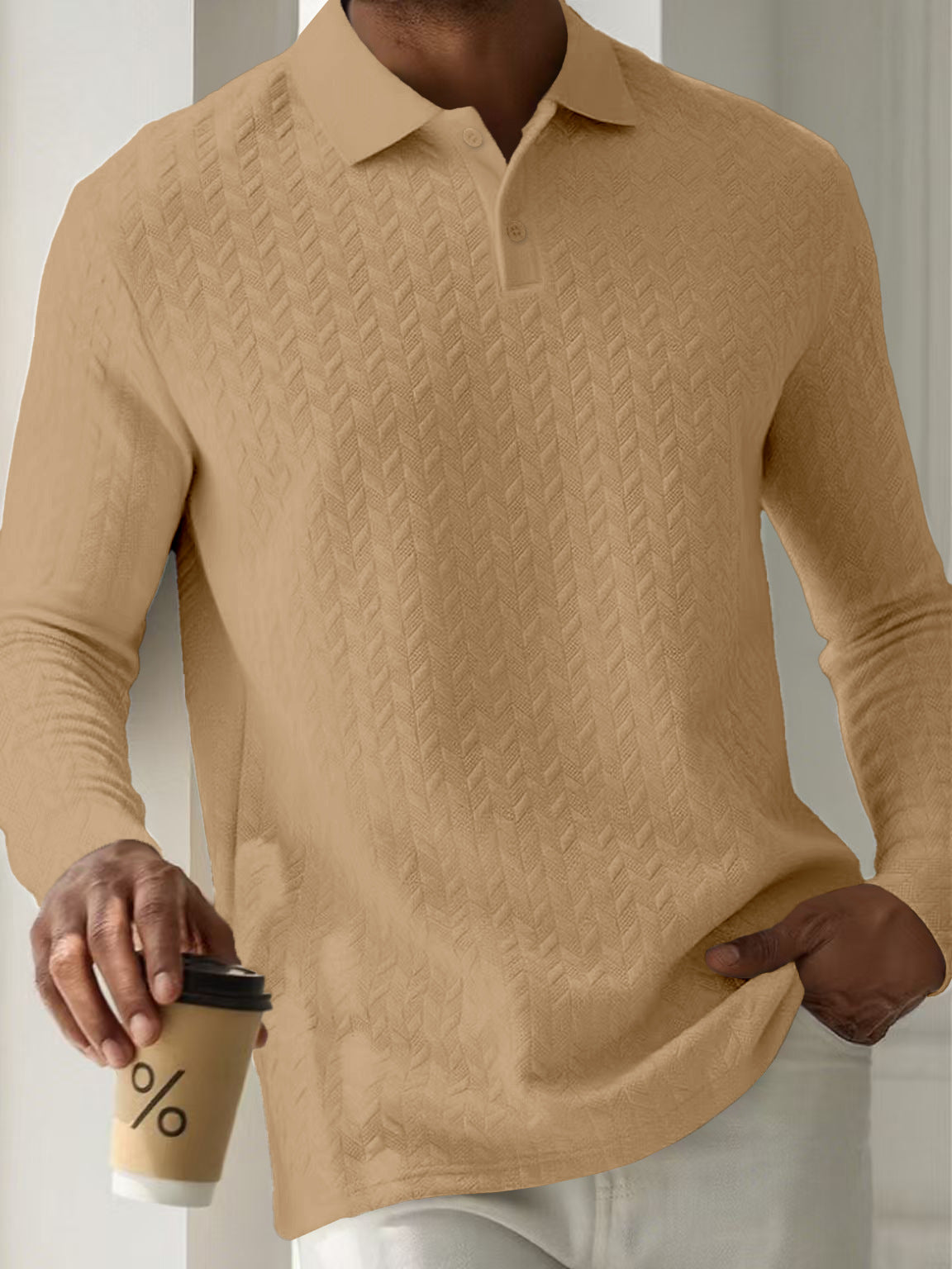 Mens Textured Long Sleeve Polo Shirts