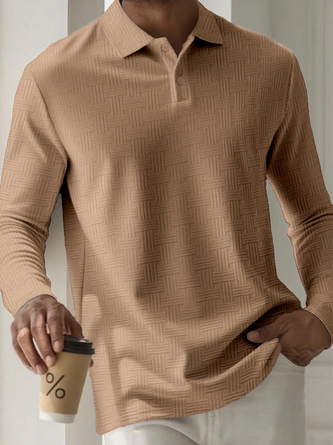 Mens Textured Long Sleeve Polo Shirts
