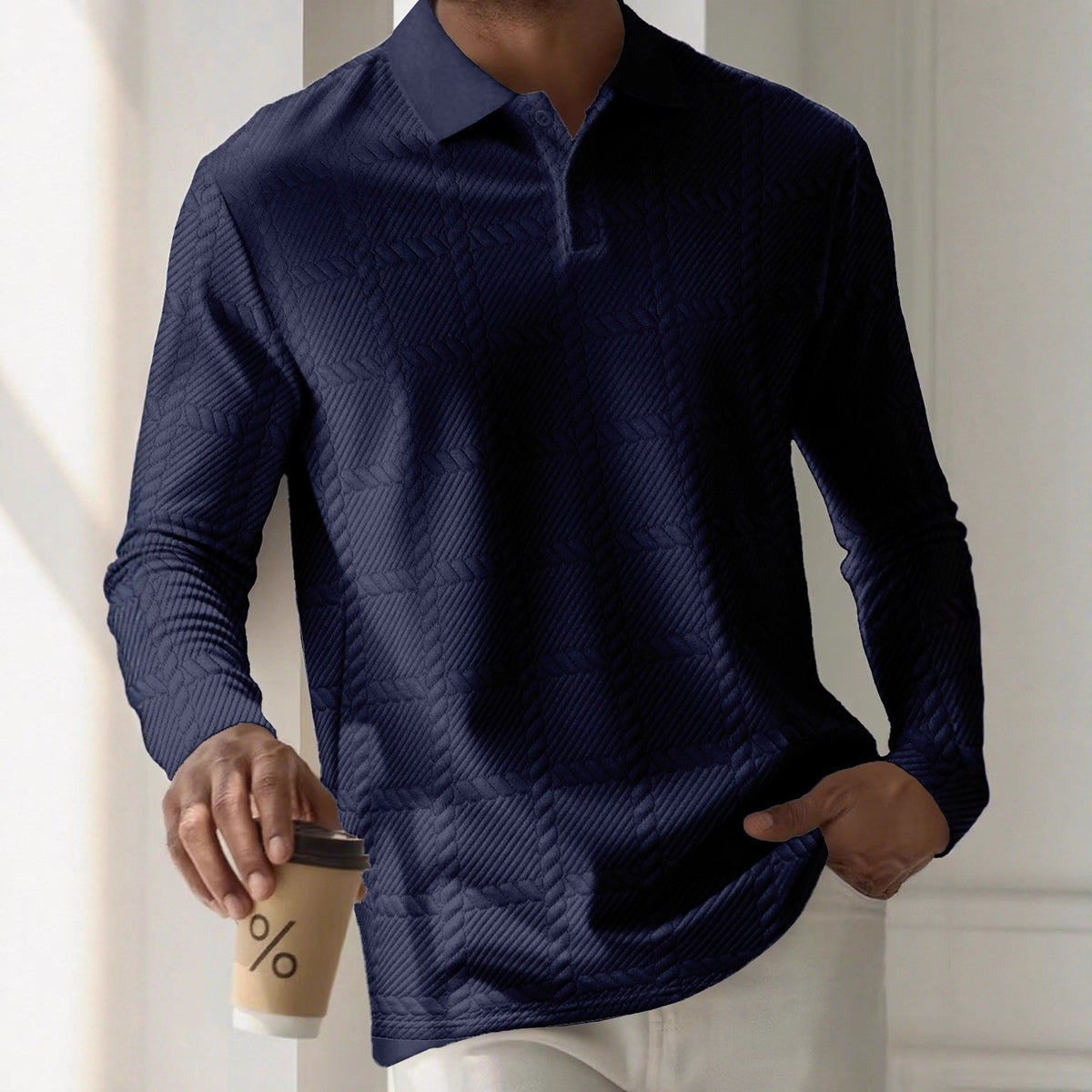 Mens Textured Long Sleeve Polo Shirts