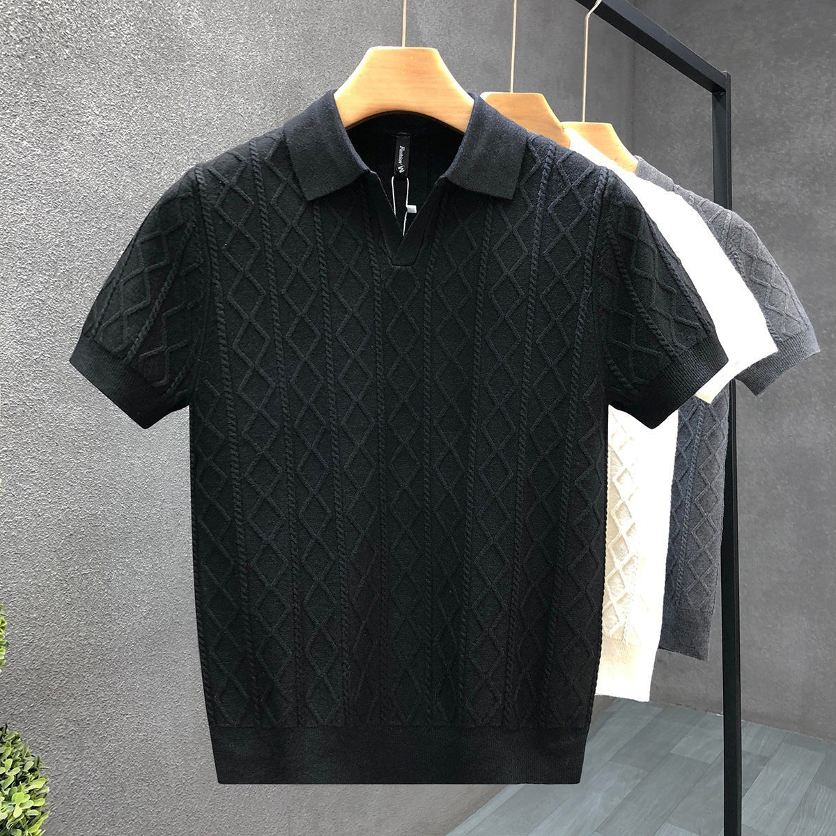 Mens Textured V-Neck Polo Shirt