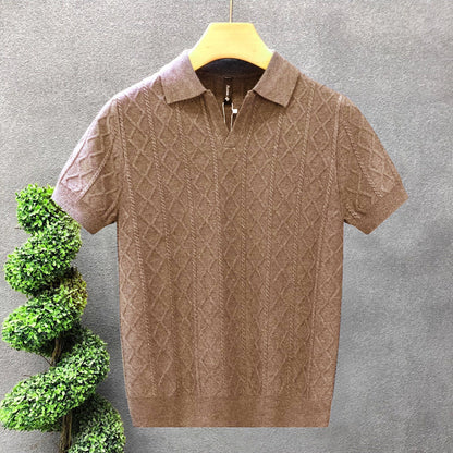 Mens Textured V-Neck Polo Shirt