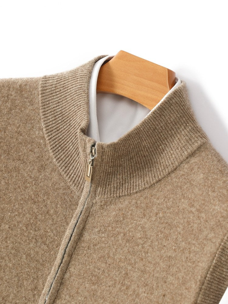 Mens Thickened Pure Wool Cardigan Half-High Collar Zipper Jacket