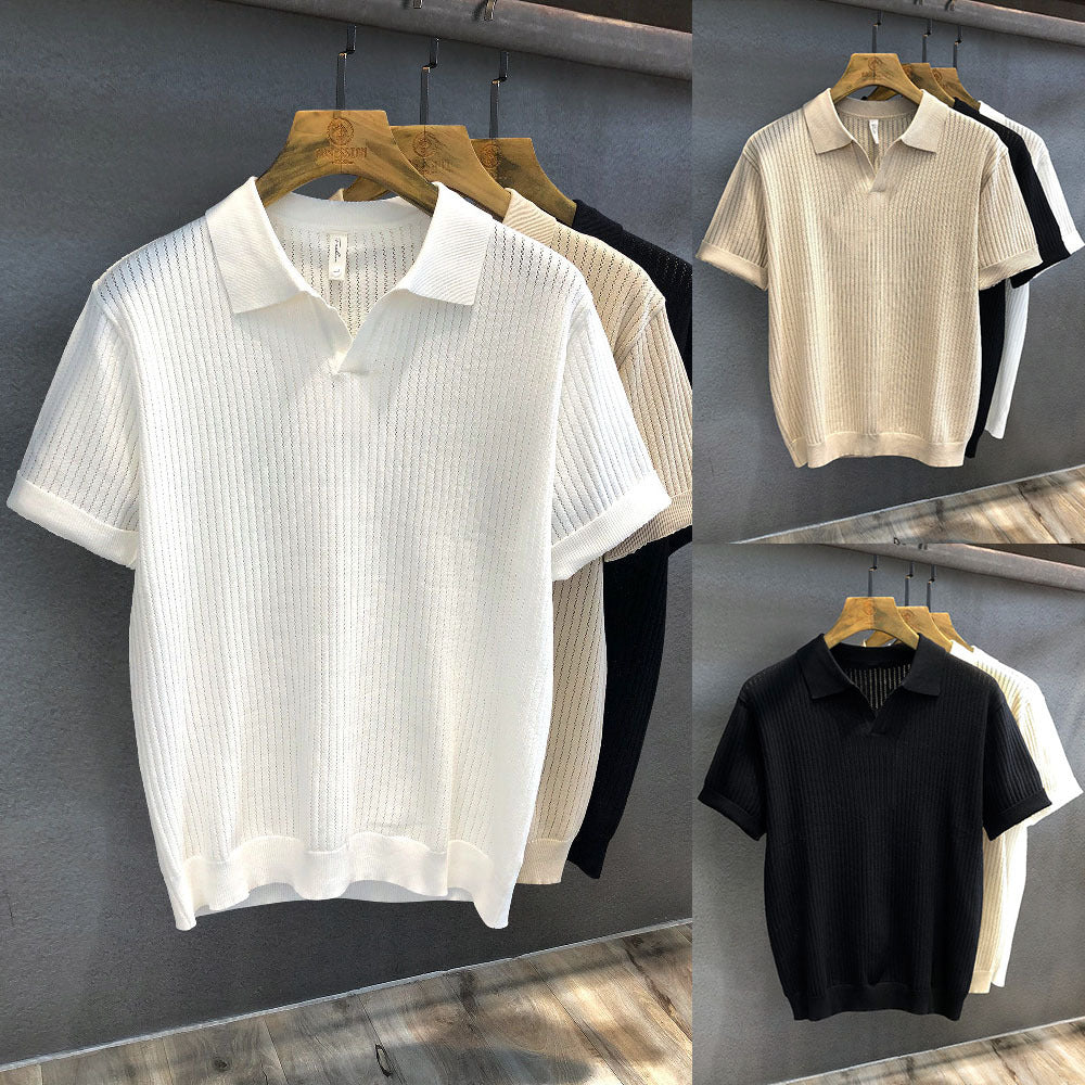 Mens V-Neck Knit Polo Shirt