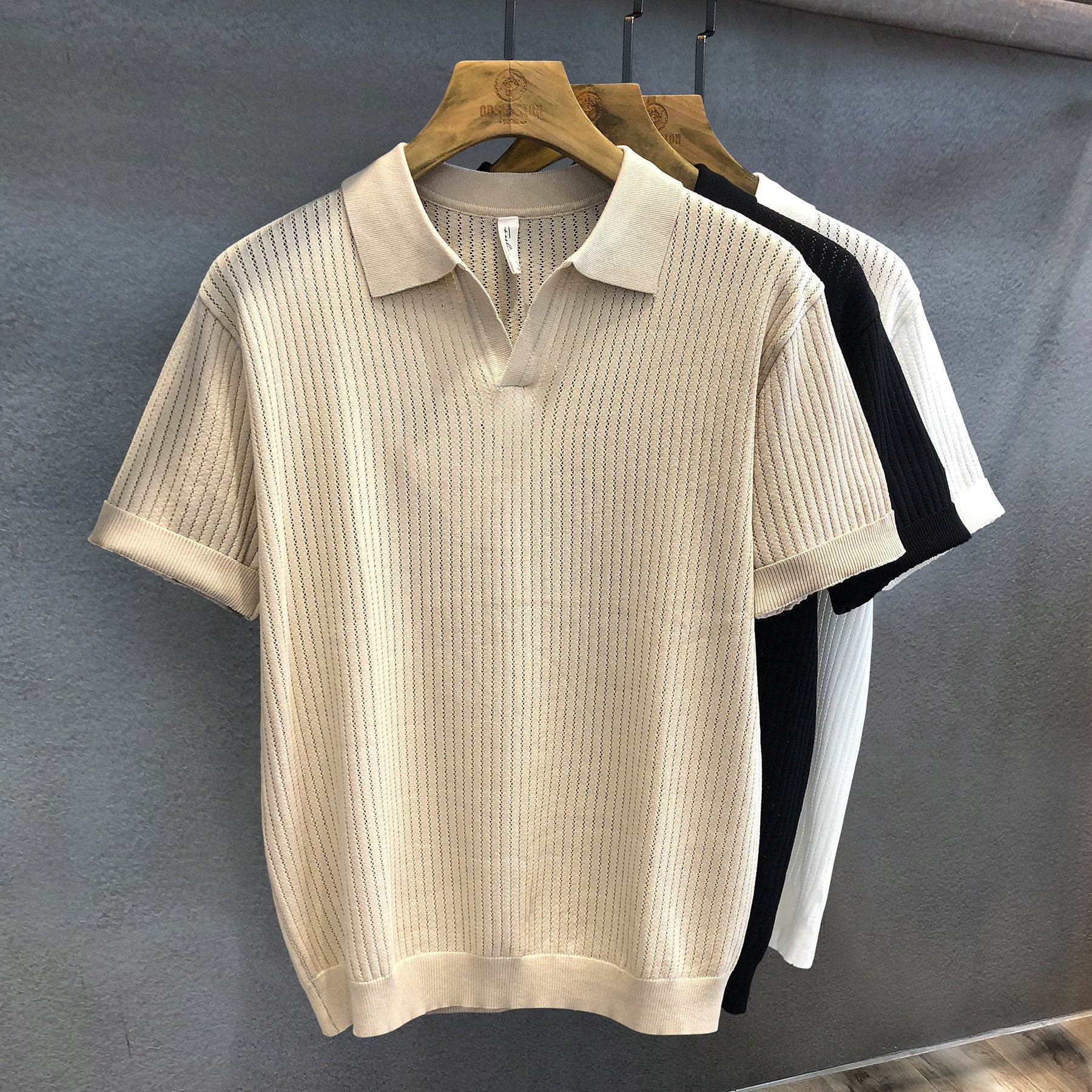 Mens V-Neck Knit Polo Shirt