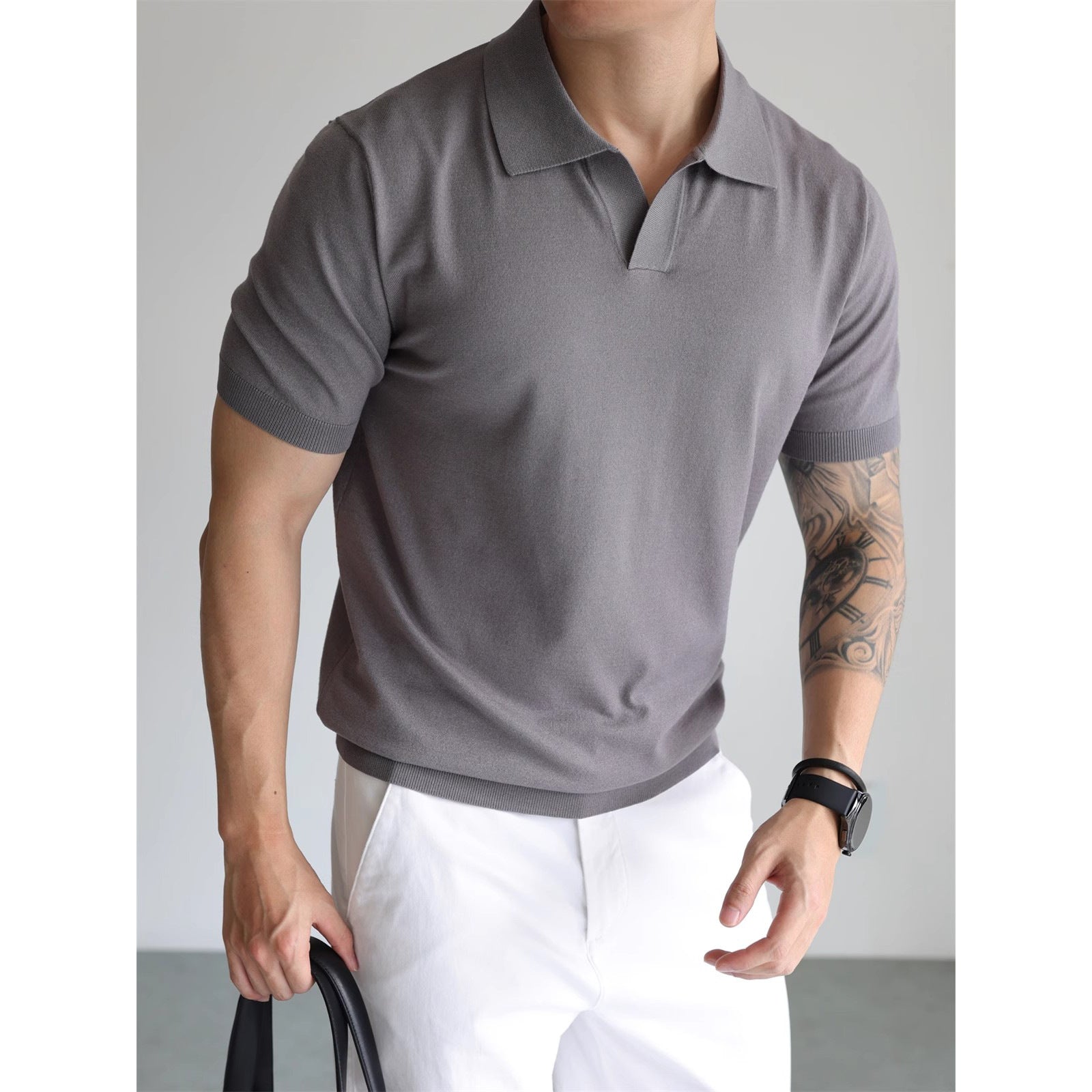 Mens V-Neck Short Sleeve Knit Polo Shirt