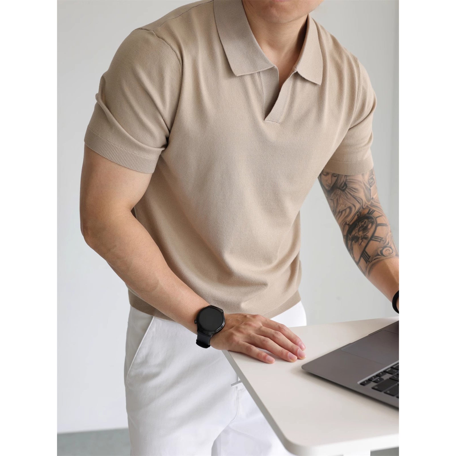 Mens V-Neck Short Sleeve Knit Polo Shirt
