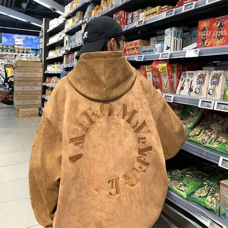 Mens Vintage Suede Letter Embroidered Hooded Sweatshirt