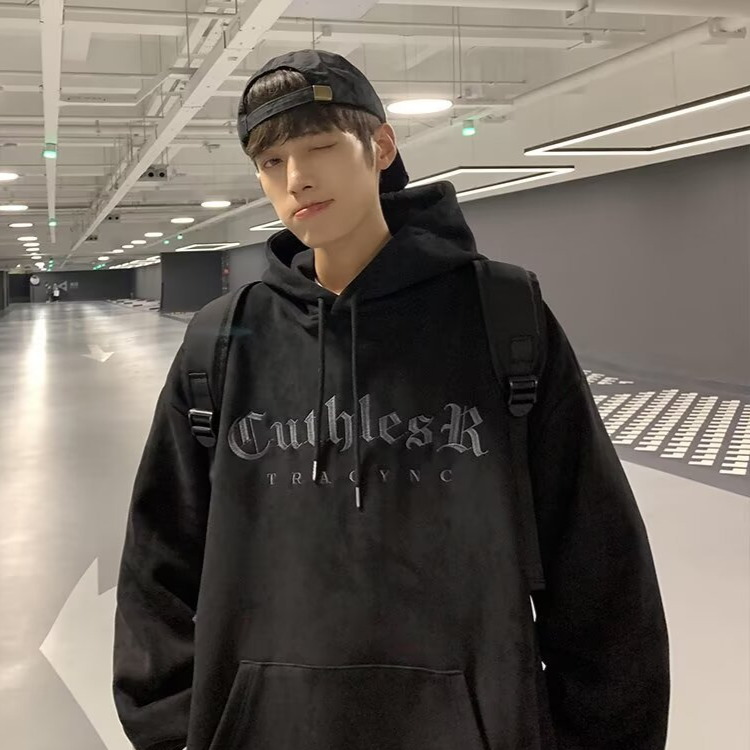 Mens Vintage Suede Letter Embroidered Hooded Sweatshirt