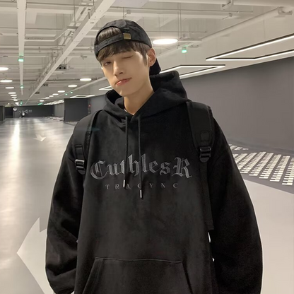 Mens Vintage Suede Letter Embroidered Hooded Sweatshirt