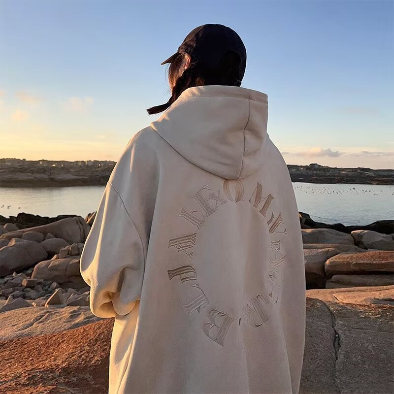 Mens Vintage Suede Letter Embroidered Hooded Sweatshirt