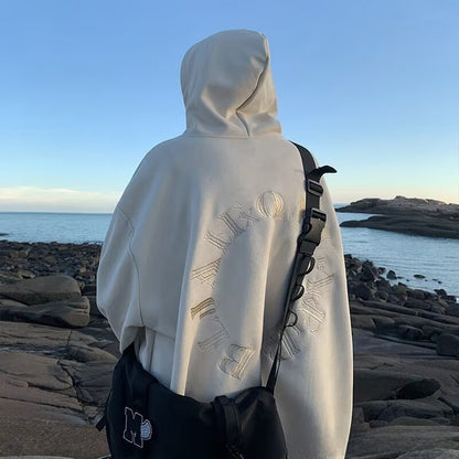 Mens Vintage Suede Letter Embroidered Hooded Sweatshirt