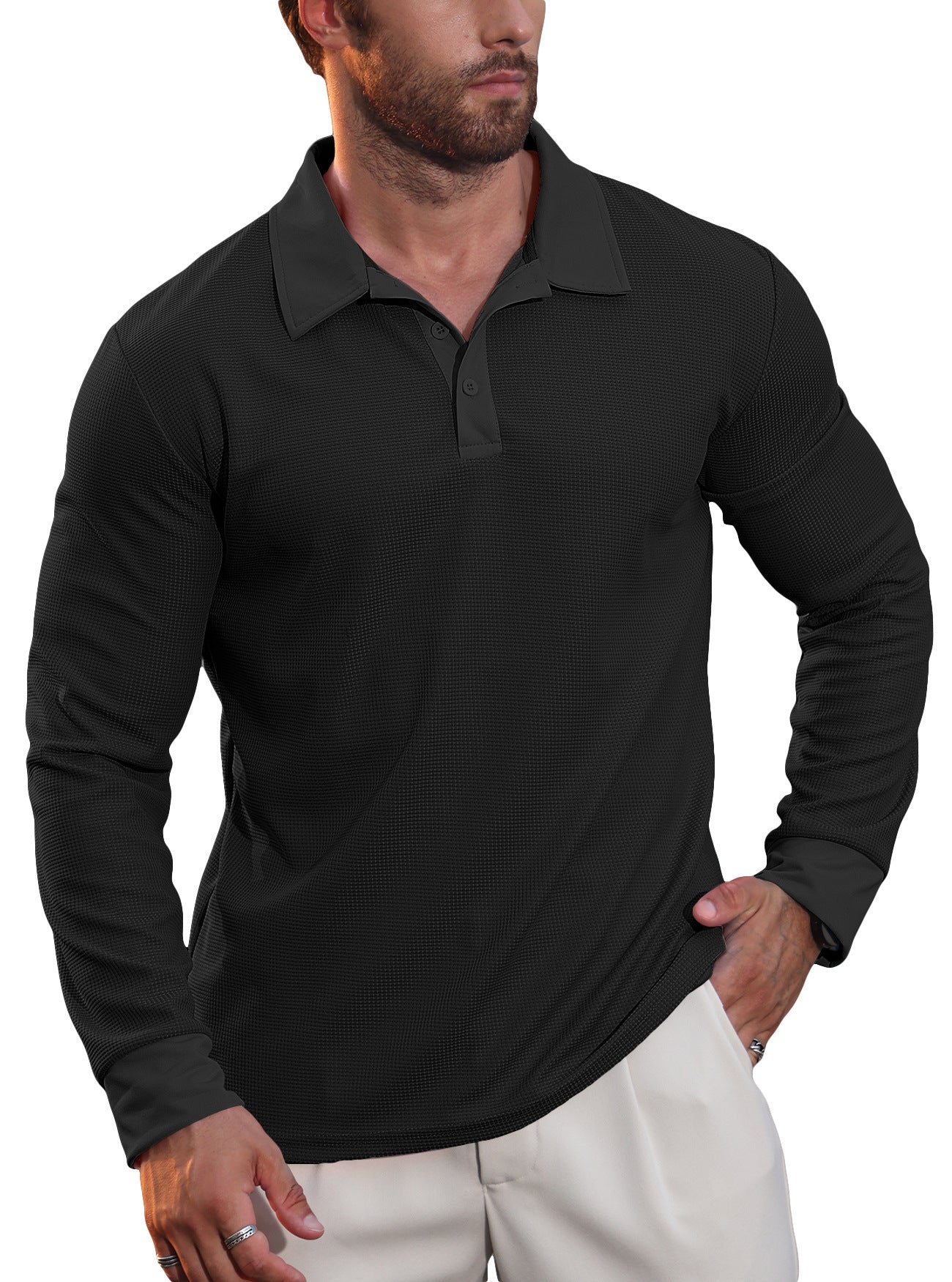 Mens Waffle Collar Long Sleeve Polo Shirt