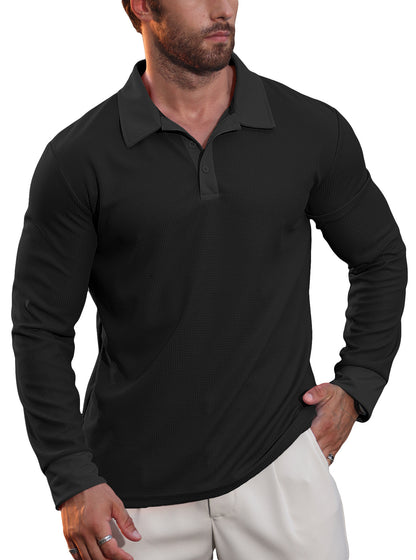 Mens Waffle Collar Long Sleeve Polo Shirt