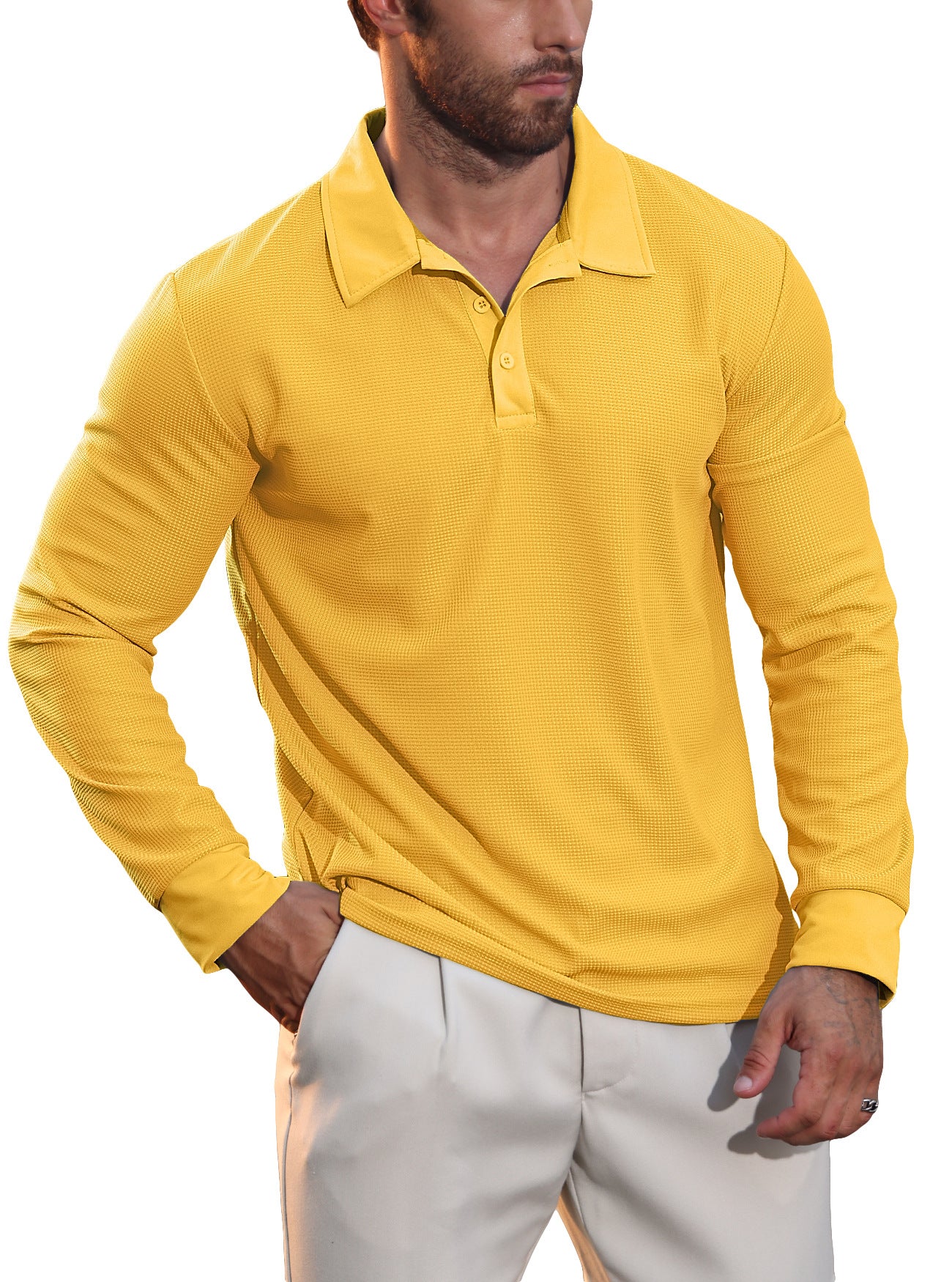 Mens Waffle Collar Long Sleeve Polo Shirt