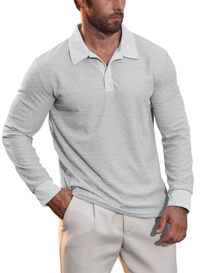 Mens Waffle Collar Long Sleeve Polo Shirt
