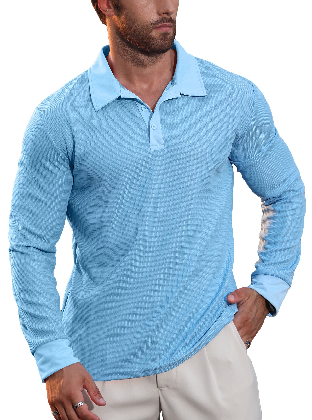Mens Waffle Collar Long Sleeve Polo Shirt