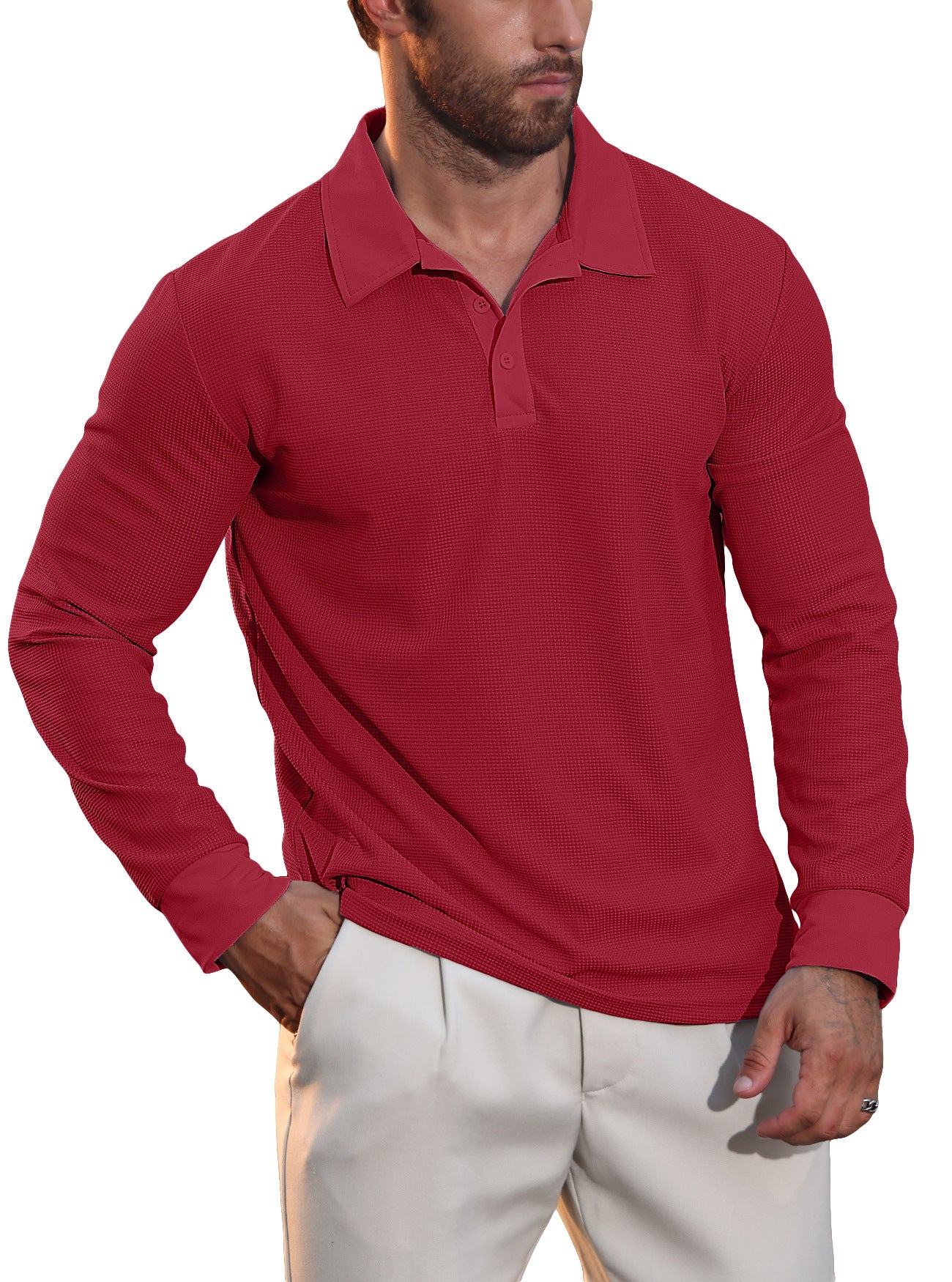 Mens Waffle Collar Long Sleeve Polo Shirt