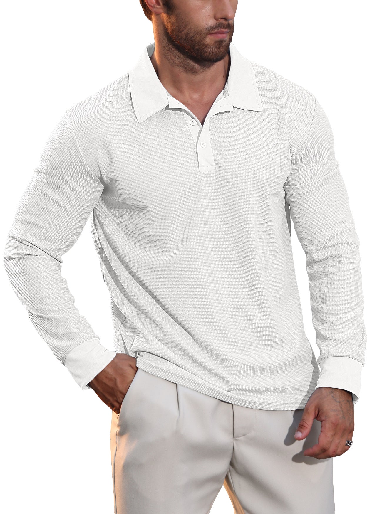 Mens Waffle Collar Long Sleeve Polo Shirt