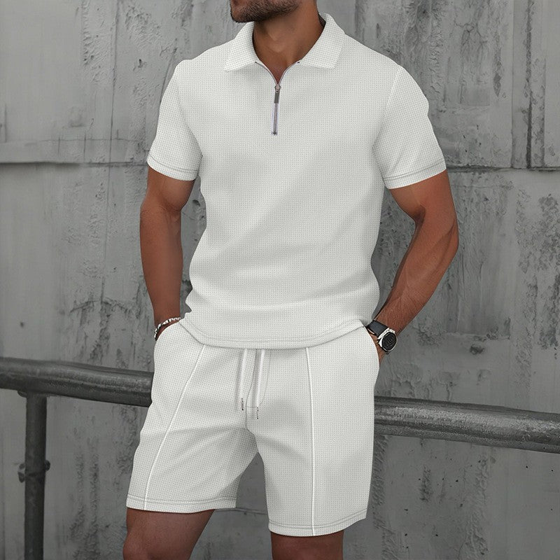Mens Waffle Texture Polo Shorts Set