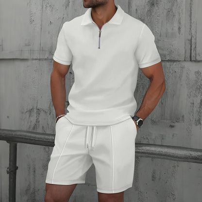 Mens Waffle Texture Polo Shorts Set