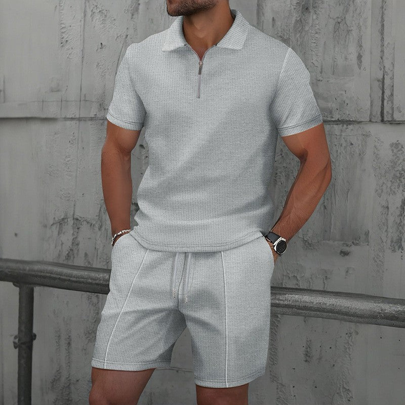 Mens Waffle Texture Polo Shorts Set