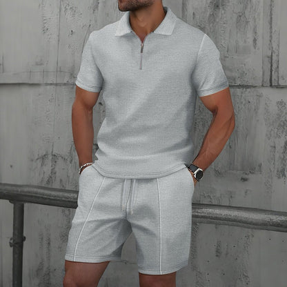 Mens Waffle Texture Polo Shorts Set