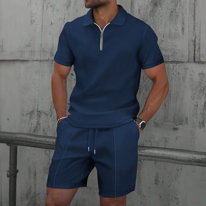 Mens Waffle Texture Polo Shorts Set