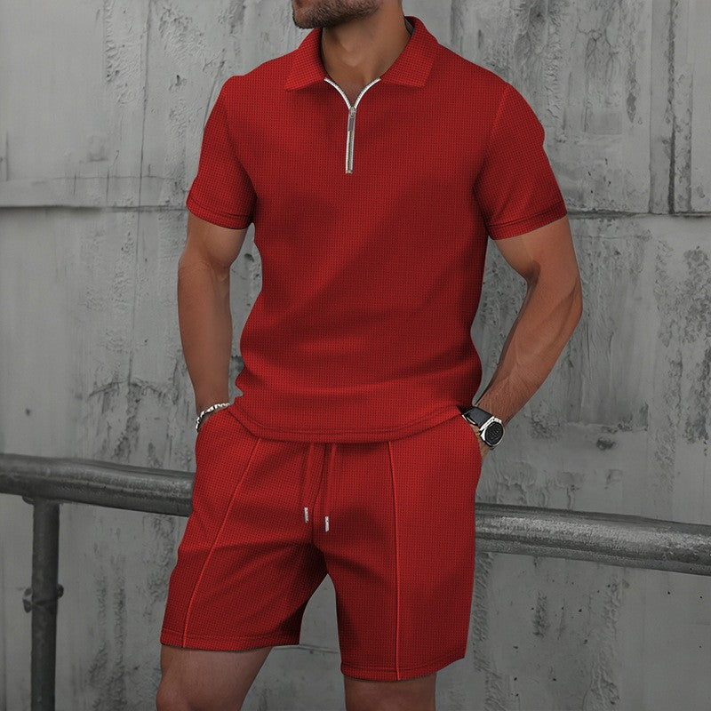 Mens Waffle Texture Polo Shorts Set