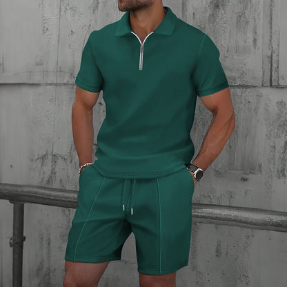 Mens Waffle Texture Polo Shorts Set