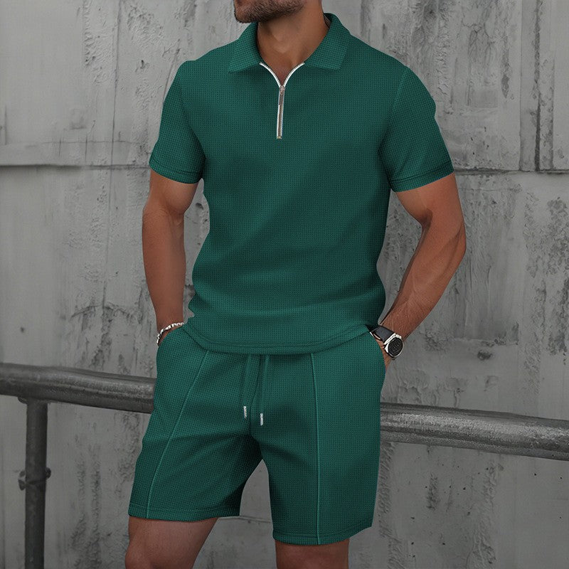 Mens Waffle Texture Polo Shorts Set