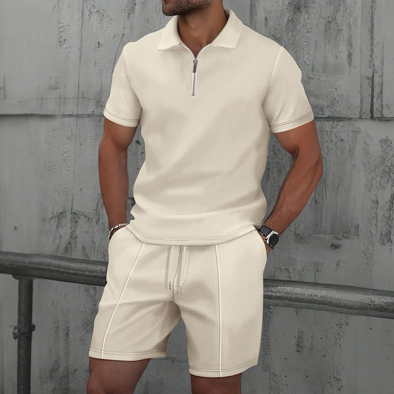 Mens Waffle Texture Polo Shorts Set