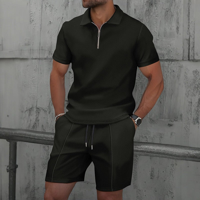 Mens Waffle Texture Polo Shorts Set