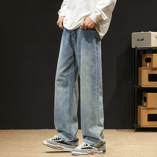 Mens Washed Denim Pants with Elastic Waist